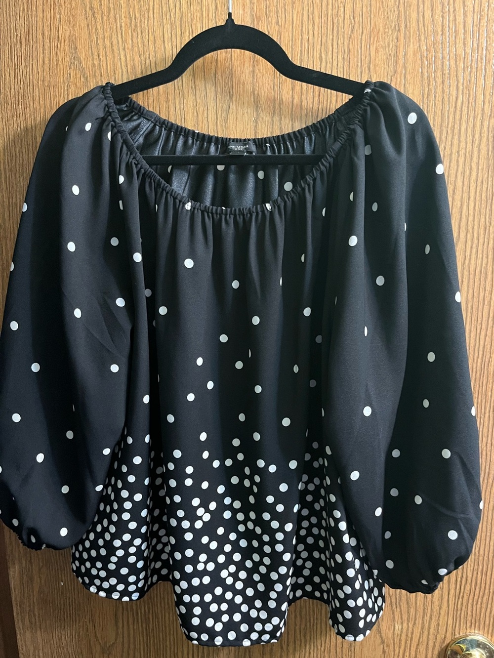 Ann Taylor Women’s Black Polka Dot Peasant Blouse - Casual Puff Sleeve Top